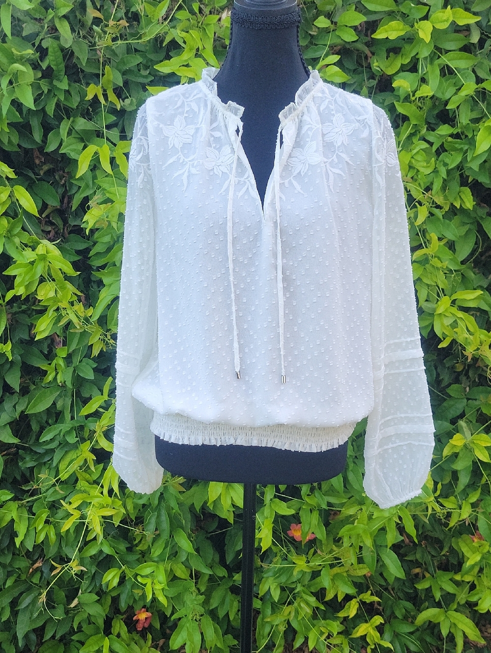 Ivory White Boho Long Sleeve Blouse with Floral Embroidery S